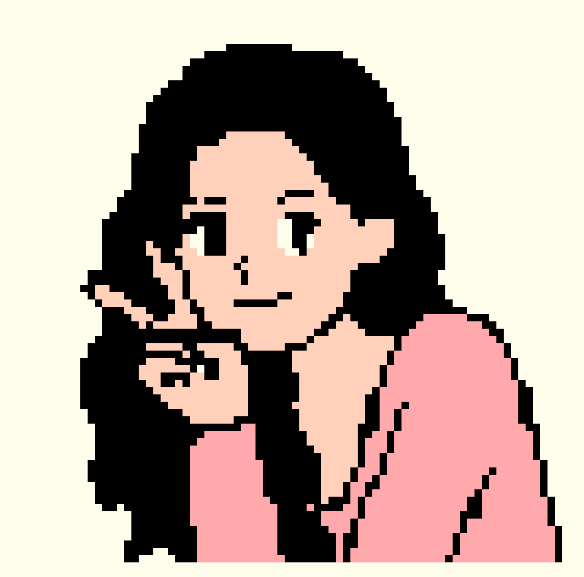 像素画，黑长卷发女生，穿粉色上衣，在脸颊旁比出V字手势，浅米底色